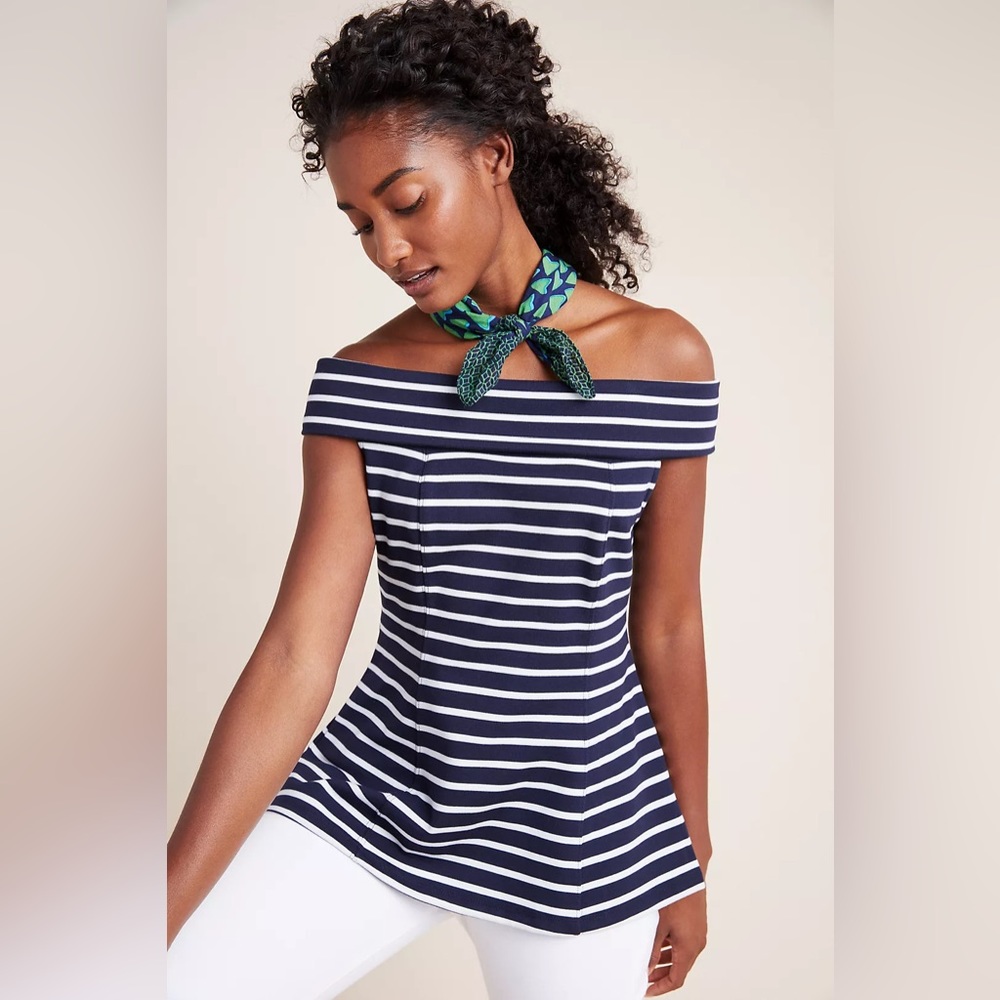 Anthropologie Maeve women’s off shoulder navy striped top. Size Small